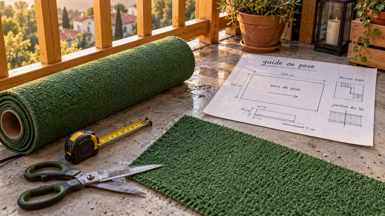 Moquettes exterieures vertes : mesurer et découper sur béton propre