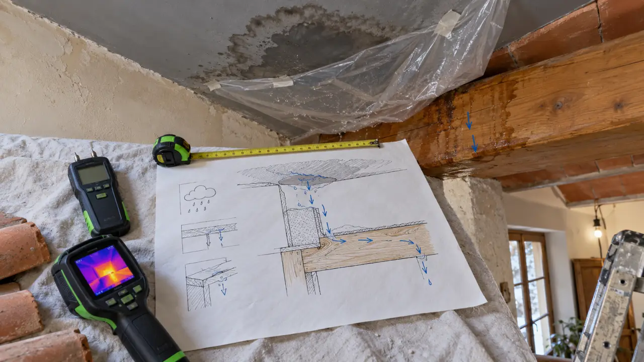 Recherche infiltration : humidimètre et caméra thermique pour trouver l’entrée d’eau sous le plafond humide