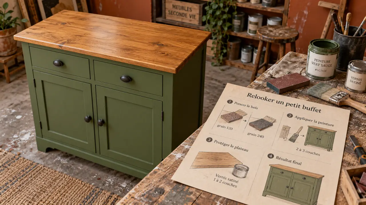 Relooking meuble avant après : buffet bois miel et peinture vert sauge