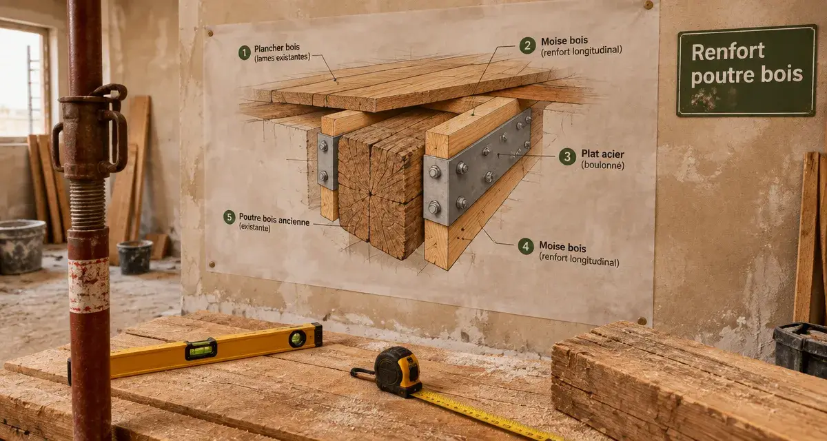 Renfort poutre bois avec plat acier, étai et diagnostic en chantier