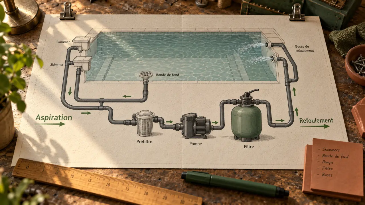 Schéma d une piscine : circuit hydraulique aspiration refoulement